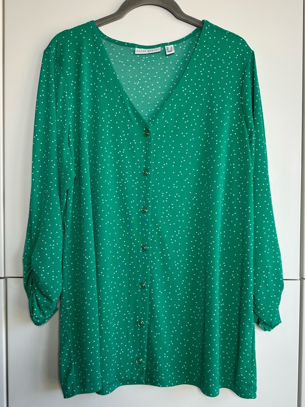 Susan Graver Liquid Knit Blouse Green White Polka Dots Button Front Large